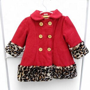 Penelope Mack Girls Red Coat Faux Fur Cheetah Print Gold Buttons